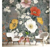 Papel Tapiz Fotográfico Para Dormitorio Sala De Estar, Murales Flores Retro Decorativo, Murales Estilo Bohemio Póster Fotográfico Gris 350×256 Cm (No Autoadhesivo)
