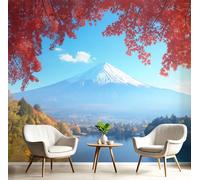 Papel Tapiz Fotográfico Para Dormitorio Sala de Estar, Murales Hojas De Arce Monte Fuji Decorativo, Murales Paisaje Fotografía Fotográfico Azul Tela de seda 300Anx210Al cm (No Autoadhesivo)