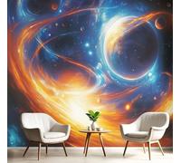Papel Tapiz Fotográfico Para Dormitorio Sala de Estar, Murales Universo Paisaje Decorativo, Murales Surrealismo Fotográfico Azul-Naranja Tela de seda 250Anx175Al cm (No Autoadhesivo)