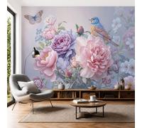 Papel Tapiz Fotográfico Peonía Azulejo Mariposa 400 × 280 cm Papel Pintado Panorámico,Flores Exóticas Jardín Murales Decoración Pared para Cuarto de Niño, Salón, Oficina
