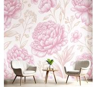 Papel Tapiz Fotográfico Peonía Con Líneas Papel Pintado Murales Póster Rosa Arte De La Ilustración Fotográfico Para Dormitorio Salón Tv Pared, 200X140Cm