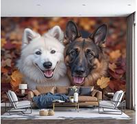 Papel Tapiz Fotográfico Perros Hojas Caídas Fotografía De Animales, 3D Art Mural Cafe Restaurant Dormitorio Decoración para el Hoga Murales Pintado a Papel Fotomural 300Anx210Al cm