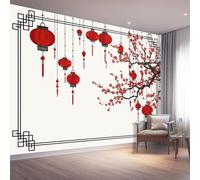 Papel Tapiz Fotográfico Pintura Con Tinta Oriental Papel Pintado Murales Póster Rojo Faroles Flores De Ciruelo Fotográfico Para Dormitorio Salón Tv Pared 250 x 175 cm