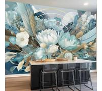 Papel Tapiz Fotográfico Plantas Flores Plumas Geométrico - 200 x 140 cm Papel Pintado Panorámico para Salón Oficina Decoración, Azul Grisáceo Papel Pintado no tejido Murales Decoración De Pared