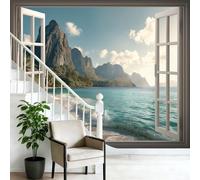 Papel tapiz fotográfico Playa Tropical 250 x 175 cm Revestimiento de paredes decoración de salón Diseño Estilo 3D Natural para dormitorio, sala de estar, papel tapiz no tejido, Azul Verdoso