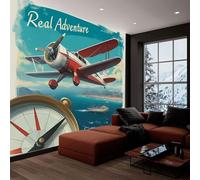 Papel Tapiz Fotográfico Póster De Viaje Retro Avión Azul 350x245 cm 3D Papel Pintado Panorámico, Fuera de la Ventana Murales Decoración Pared para Cuarto de Niño Salón Oficina