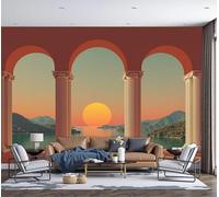 Papel Tapiz Fotográfico Puesta Sol Sobre Mar Antiguo Arco Griego 200x140cm Papel Pintado De Mural Mediterráneo Fotográfico de Seda Decoración de Pared para Sala Cuarto Oficina Salón, Rojo Anaranjado