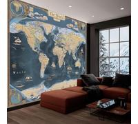 Papel Tapiz Fotográfico Retro Navegación Mapa Del Mundo Azul 250x175 cm 3D Papel Pintado Panorámico, Fuera de la Ventana Murales Decoración Pared para Cuarto de Niño Salón Oficina