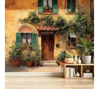 Papel Tapiz Fotográfico Rústico Villa Rosas Ventana Y Puerta Papel Pintado Murales Póster 300 x 210 cm Fotográfico Para Dormitorio Salón Tv Pared Fans Del Estilo Europeo, Color Amarillo