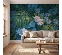 Papel tapiz fotográfico Selva Tropical Hojas De Palmera Flores Silvestres Papel Pintado 250 x 175cm, Art Mural De Pared Azul Verde Mural para Sala Estar Dormitorio Cocina Infantil Decoración