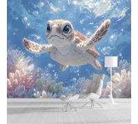 Papel Tapiz Fotográfico Tortuga De Arrecife De Coral 300x210cm, Papel Pintado Seda Lindos Animales De Acuarela, Azul Mural Para Dormitorio Infantil Decoración