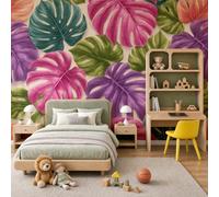 Papel Tapiz Fotográfico Tropical Frondoso Colorido Monstera Deliciosa Papel Pintado 450 x 315cm, Pared Papel Pintado Rosa Rojo Morado Verde Mural para Sala Estar Dormitorio Infantil Decoración