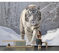 Papel Tapiz Fotográfico Un Tigre Blanco Camina En La Nieve 300 × 210 cm Papel Pintado Panorámico,Vida Salvaje Realista Murales Decoración Pared para Cuarto de Niño, Salón, Oficina