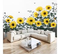 Papel Tapiz Fotográfico Versátil Estilo Acuarela Mural de Pared, 300 x 210 cm para Sala de Estar, Dormitorio, Habitación de Niños y Pasillo Madera Girasoles Con Flores De Cerca