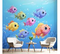 Papel Tapiz Fotográfico Viaje Al Océano Con Peces Dibujos Animados 200 × 140 Cm Papel Pintado Panorámico,Lindo Mundo Submarino Murales Decoración Pared Para Cuarto De Niño, Salón, Oficina