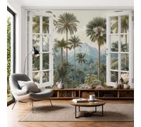 Papel Tapiz Fotográfico Vista Desde Ventana Palm Valley 250x175cm, Papel Pintado Panorámico Selva Tropical Retro Póster XXL Seda Decoración de Pared para, Salón, Oficina, Sala de Estar, Verde Salvia