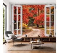 Papel Tapiz Fotográfico Vista Desde Ventana Sendero Bosque 250x175cm, Papel Pintado Panorámico Paisajes Pastorales Otoñales Póster XXL Seda Decoración de Pared para, Salón, Oficina, Hojas De Arce