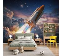 Papel Tapiz Fotográfico Vuelos Espaciales Ciencia Ficción Transbordador Espacial Papel Pintado 450 x 315cm, Art Mural De Pared Azul Marino Naranja Mural para Sala Estar Dormitorio Cocina Decoración