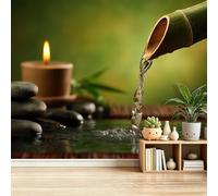 Papel Tapiz Fotográfico Zen Bambú Guijarros Vela Papel Pintado Murales Póster 300 x 210 cm Fotográfico Para Dormitorio Salón Tv Pared Fans Del Bienestar, Color Verde