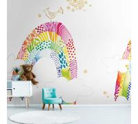 Papel Tapiz Infantil Con Colorido Arcoíris Y Pájaro - Colorido, Blanco, Rosa