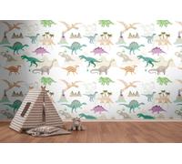 Papel Tapiz Infantil Con Dinosaurios Y Volcanes - Colorido, Crema, Beige