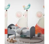Papel Tapiz Infantil Con Gran Ratón Y Pájaro - Colorido, Blanco, Rojo