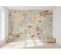 Papel Tapiz Infantil Mapa Del Mundo Aventura Mural De Pared Aviones Marrones