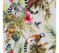 Papel Tapiz Lemur Selva Flores Tropicales Animales Exóticos Plata Metálica 12401
