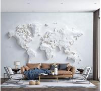 Papel Tapiz Mapa Del Mundo 350×256 Cm Efecto Relieve 3D Simple Fondo De Pantalla No Tejido Decoración De Pared Sala Cuarto Oficina Salón, Blanco