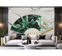 Papel Tapiz Moderno, Verde Esmeralda, Peonía Blanca, Ventilador, Arte, Patrón De Mármol, TV, Sofá, Fondo, Pared, Dormitorio, Sala De Estar, Mural De Estudio,3D,150x105cm