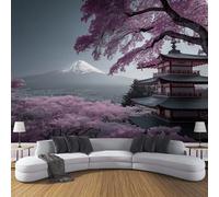 Papel Tapiz Monte Fuji Cerezos En Flor Murales, Japón Templo Mural de Pared Papel Púrpura Fotográfico para Tapiz Arte Pared para Sala Estar Dormitorio, 200×150cm Fotomural Tv de Fotografía