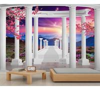 Papel tapiz mural de columnas romanas en espacio extendido 3D - Pared de atardecer y cerezos en flor, papel tapiz removible para decoración de salón y dormitorio 150x105cm (No es autoadhesivo)