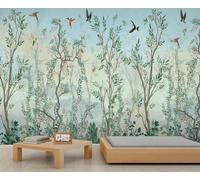 Papel tapiz mural de pájaros en bosque acuarela, pegatinas de pared removibles, arte para paredes con vegetación y colibríes fáciles de instalar para sala y dormitorio 350x250cm (No es autoadhesivo)