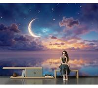 Papel Tapiz Mural Luna Y Cielo Estrellado Papier Peint Cielo Nocturno Tranquilo Y Vista Al Mar. Mural Estéreo Fondo De Tv Papeles De Pared Decoración Del Hogar Papel Tapiz 3D 450×315 Cm