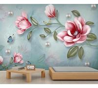 Papel tapiz mural para pared con relieve 3D de magnolia y perlas, fácil de instalar, decoración de mariposa y flores para dormitorio y salón, pegatinas reutilizables 350x250cm (No es autoadhesivo)