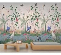 Papel tapiz mural removible de aves de humedal y plantas tropicales, grulla y flamenco, decoración fácil de instalar para sala y dormitorio 250x175cm (No es autoadhesivo)