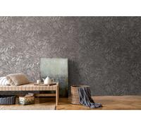 Papel Tapiz No Tejido Con Patrón Floral De Hojas - Gris, Negro, Plata