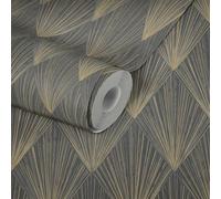 Papel Tapiz No Tejido Negro Con Patrón Metálico - Beige, Metálico, Negro