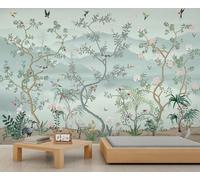 Papel tapiz oriental Zen de pájaros y flores, mural para pared removible, fondo suave de montaña, decoración fácil de instalar para sala y dormitorio 100x100cm (No es autoadhesivo)