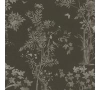 Papel Tapiz Oscuro Con Delicadas Hojas, Flores Y Motivos De Aves - Negro, Gris