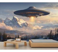 Papel tapiz OVNI con montañas nevadas, murales de pared para dormitorio, bosque, para sala de estar, decoración de habitación, fondo de TV, póster grande, 390 x 260 cm