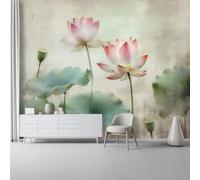 Papel Tapiz Panorámico Viejo Gris - Tapiz Decorativo De Pared Flores Loto Acuarela Vintage Papel Tapiz No Tejido Para Dormitorio Y Sala De Estar - Póster Fotográfico, 300 X 210 Cm