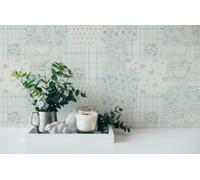 Papel Tapiz Patrón Floral Y Cuadros Estilo Campestre - Celeste, Gris, Blanco