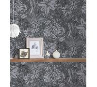 Papel Tapiz Patrón Selva, Hojas De Monstera Y Helechos - Gris, Blanco