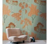 Papel Tapiz Retro Con Paisaje De Árboles Vibrante Y Patrón Amplio