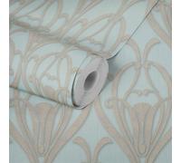 Papel Tapiz Verde Menta Con Patrón Art Deco Y Efecto Estructural