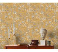 Papel Tapiz Vintage Con Patrón Floral - Amarillo, Blanco, Gris