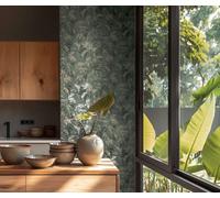Papel Tapiz Vivo Con Motivo De Hojas Y Estructura Fina - Azul, Verde, Dorado