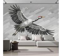 Papel Tapiz Vuelo Grulla De Corona Roja Murales, Estampado Acuarela Animales Mural de Pared Papel Gris Fotográfico para Tapiz Pared para TV Sala Estar Dormitorio, 400Anx280Al cm Fotomural