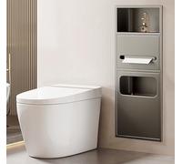 Papelera, portarrollos y escobillero empotrados ni Nicho de Basura Integrado en la Pared con Soporte para Papel higiénico y estantes, gabinete de Almacenamiento(Gray)